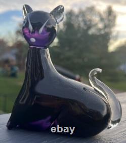Murano Hand Blown Glass Black Purple Cat Figurine Vintage Art Glass Italy