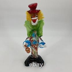 Murano Hand Blown Glass Clown 10.5 Circus Green Bow Red Top Hat Yellow Hair VTG