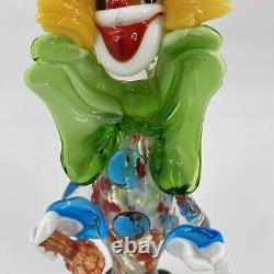 Murano Hand Blown Glass Clown 10.5 Circus Green Bow Red Top Hat Yellow Hair VTG