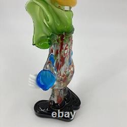 Murano Hand Blown Glass Clown 10.5 Circus Green Bow Red Top Hat Yellow Hair VTG