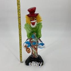 Murano Hand Blown Glass Clown 10.5 Circus Green Bow Red Top Hat Yellow Hair VTG