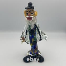 Murano Hand Blown Glass Clown Circus 7.5 Black Hat Yellow Hair Drinking VTG