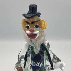 Murano Hand Blown Glass Clown Circus 7.5 Black Hat Yellow Hair Drinking VTG