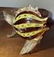 Murano. Hand-Blown Glass Fish Sculpture, Amber&Yellow Latticino, Gold Accents