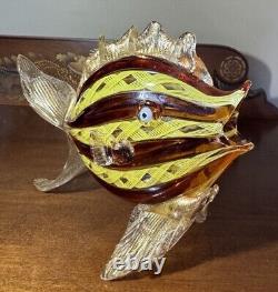 Murano. Hand-Blown Glass Fish Sculpture, Amber&Yellow Latticino, Gold Accents