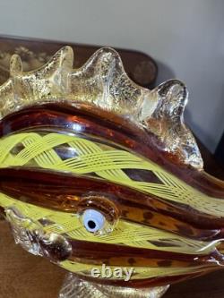 Murano. Hand-Blown Glass Fish Sculpture, Amber&Yellow Latticino, Gold Accents