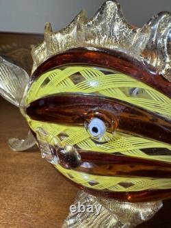 Murano. Hand-Blown Glass Fish Sculpture, Amber&Yellow Latticino, Gold Accents