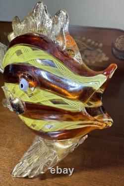 Murano. Hand-Blown Glass Fish Sculpture, Amber&Yellow Latticino, Gold Accents