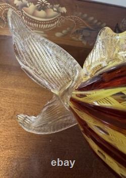 Murano. Hand-Blown Glass Fish Sculpture, Amber&Yellow Latticino, Gold Accents