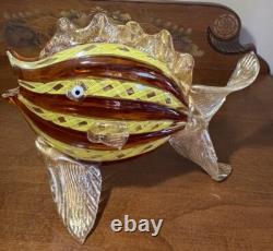 Murano. Hand-Blown Glass Fish Sculpture, Amber&Yellow Latticino, Gold Accents
