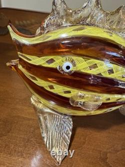 Murano. Hand-Blown Glass Fish Sculpture, Amber&Yellow Latticino, Gold Accents