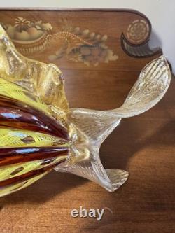 Murano. Hand-Blown Glass Fish Sculpture, Amber&Yellow Latticino, Gold Accents