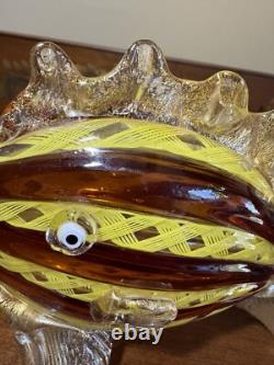 Murano. Hand-Blown Glass Fish Sculpture, Amber&Yellow Latticino, Gold Accents