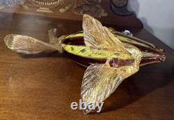 Murano. Hand-Blown Glass Fish Sculpture, Amber&Yellow Latticino, Gold Accents
