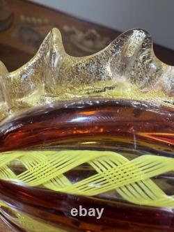 Murano. Hand-Blown Glass Fish Sculpture, Amber&Yellow Latticino, Gold Accents