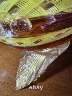 Murano. Hand-Blown Glass Fish Sculpture, Amber&Yellow Latticino, Gold Accents