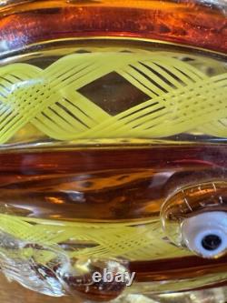Murano. Hand-Blown Glass Fish Sculpture, Amber&Yellow Latticino, Gold Accents