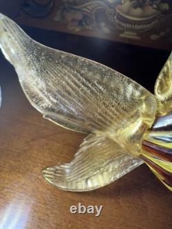 Murano. Hand-Blown Glass Fish Sculpture, Amber&Yellow Latticino, Gold Accents