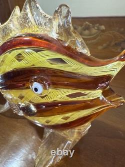 Murano. Hand-Blown Glass Fish Sculpture, Amber&Yellow Latticino, Gold Accents