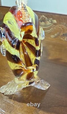 Murano. Hand-Blown Glass Fish Sculpture, Amber&Yellow Latticino, Gold Accents