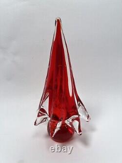 Murano Hand Blown Glass Red Christmas Tree with Clear Over Red on a Solid Red Ball