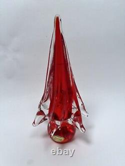 Murano Hand Blown Glass Red Christmas Tree with Clear Over Red on a Solid Red Ball