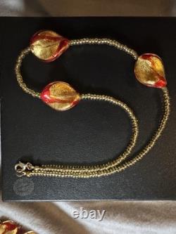 Murano Hand Blown Glass Royal Red And Gold Necklace, Bracelet, And Earrings