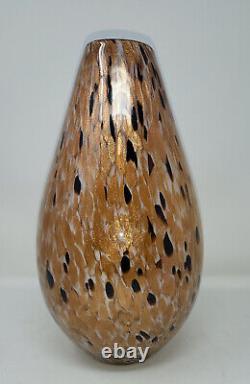 Murano Hand Blown Glass Short Drop Vase in Gold Brown White Glitter