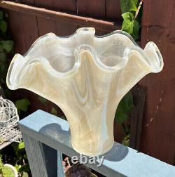 Murano Hand Blown Glass Vase 10 Ruffled Iridescent Italian Art Glass With Sticker