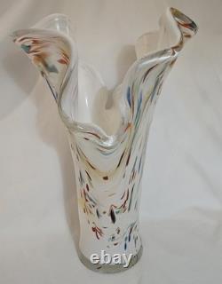Murano Hand Blown Glass Vase With Ruffled Edges And A Colorful Confetti Pattern