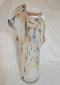 Murano Hand Blown Glass Vase With Ruffled Edges And A Colorful Confetti Pattern
