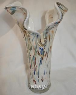 Murano Hand Blown Glass Vase With Ruffled Edges And A Colorful Confetti Pattern