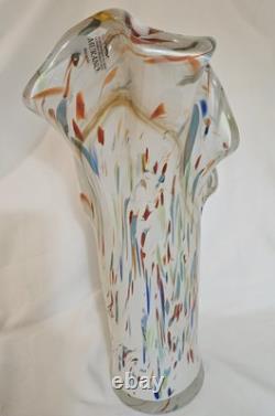 Murano Hand Blown Glass Vase With Ruffled Edges And A Colorful Confetti Pattern