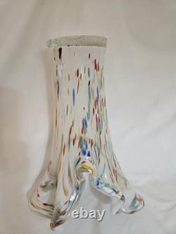 Murano Hand Blown Glass Vase With Ruffled Edges And A Colorful Confetti Pattern