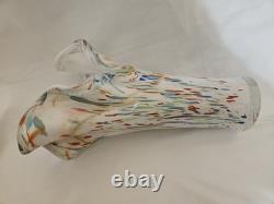 Murano Hand Blown Glass Vase With Ruffled Edges And A Colorful Confetti Pattern