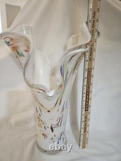 Murano Hand Blown Glass Vase With Ruffled Edges And A Colorful Confetti Pattern