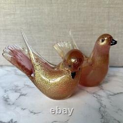 Murano Hand Blown Gold Fleck & Pink Art Glass Doves Birds Set Of 2 Please Read