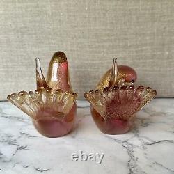 Murano Hand Blown Gold Fleck & Pink Art Glass Doves Birds Set Of 2 Please Read