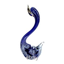 Murano Hand Blown Latticino Glass Cobalt Blue & White Ribbon Swan Figurine 8.5