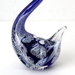 Murano Hand Blown Latticino Glass Cobalt Blue & White Ribbon Swan Figurine 8.5