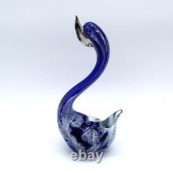 Murano Hand Blown Latticino Glass Cobalt Blue & White Ribbon Swan Figurine 8.5