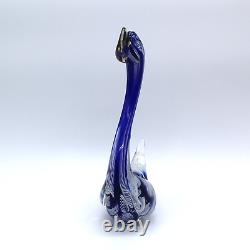 Murano Hand Blown Latticino Glass Cobalt Blue & White Ribbon Swan Figurine 8.5