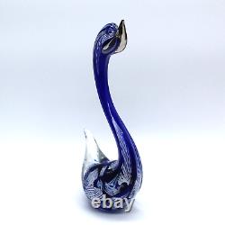 Murano Hand Blown Latticino Glass Cobalt Blue & White Ribbon Swan Figurine 8.5