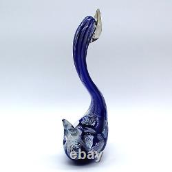 Murano Hand Blown Latticino Glass Cobalt Blue & White Ribbon Swan Figurine 8.5