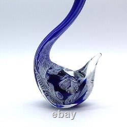 Murano Hand Blown Latticino Glass Cobalt Blue & White Ribbon Swan Figurine 8.5