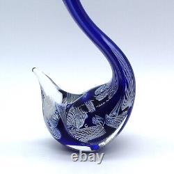 Murano Hand Blown Latticino Glass Cobalt Blue & White Ribbon Swan Figurine 8.5