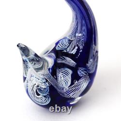 Murano Hand Blown Latticino Glass Cobalt Blue & White Ribbon Swan Figurine 8.5