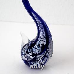 Murano Hand Blown Latticino Glass Cobalt Blue & White Ribbon Swan Figurine 8.5