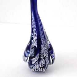 Murano Hand Blown Latticino Glass Cobalt Blue & White Ribbon Swan Figurine 8.5