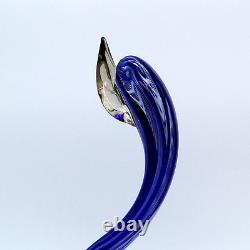 Murano Hand Blown Latticino Glass Cobalt Blue & White Ribbon Swan Figurine 8.5